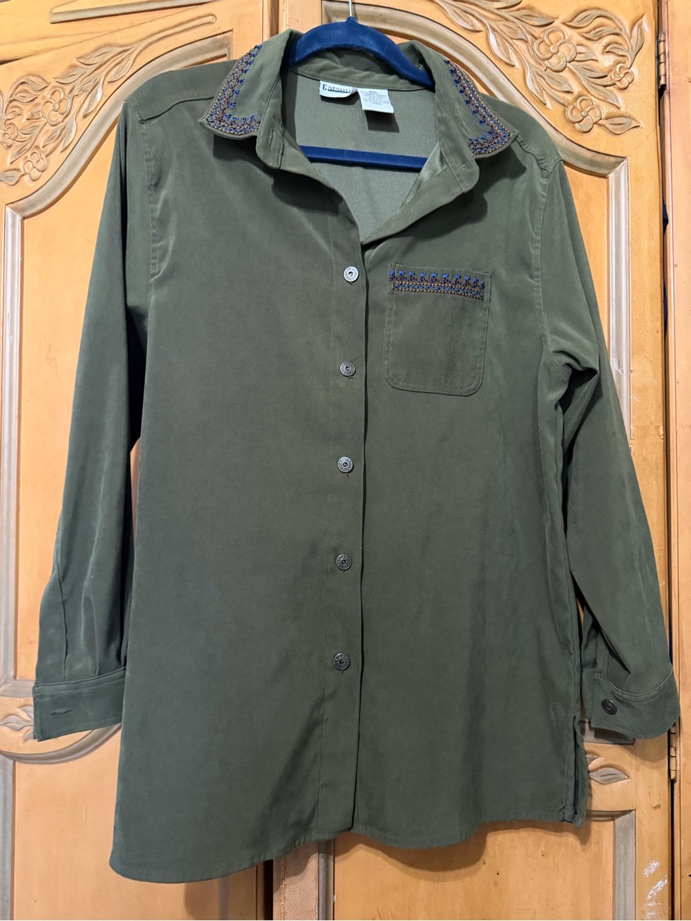 Olive Green Embroidered-Collar Button-Down Shirt